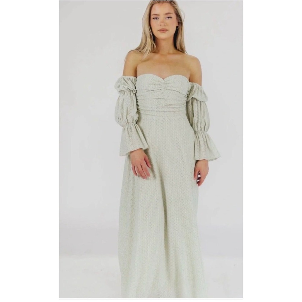 Worth Collective Sage Green Eyelet Off Shoulder Maxi Dress XL Ruched Puff Sleeve
